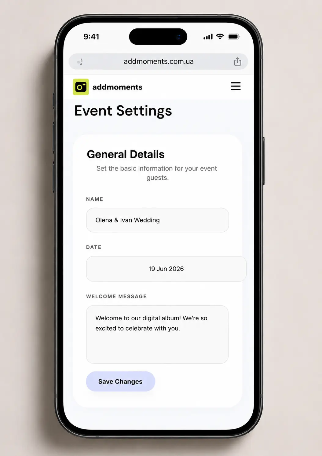 Create Event screen mobile mockup