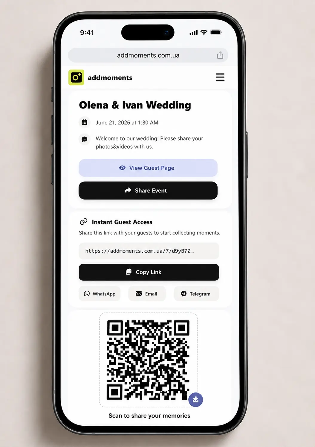 Share QR Code screen mobile mockup